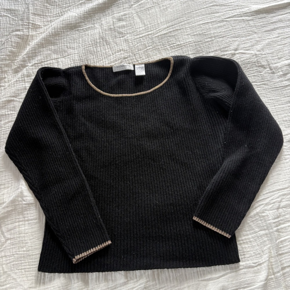 Liz Claiborne Sweater Merino Wool Black Ribbed Metallic Trim Classic Knit L